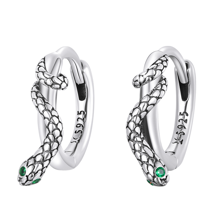 Boucles d’Oreilles Créoles Serpents en argent 925 plaqué or blanc avec zircons verts