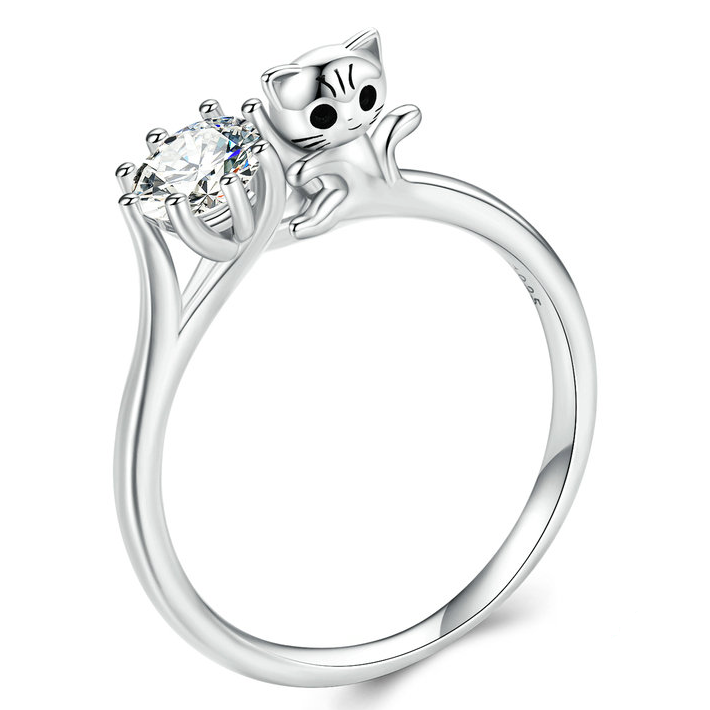 Bague Solitaire avec Chat en argent 925 plaqué or blanc avec zircon blanc