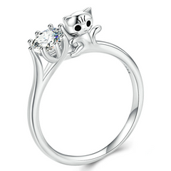 Bague Solitaire avec Chat en argent 925 plaqué or blanc avec zircon blanc - Photo 2