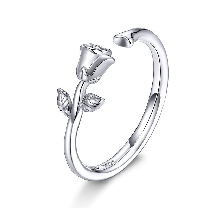 Bague Rose en argent 925 plaqué or blanc ajustable