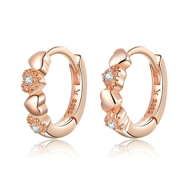 Boucles d’Oreilles Créoles Coeurs en argent 925 plaqué or rose avec zircons blancs