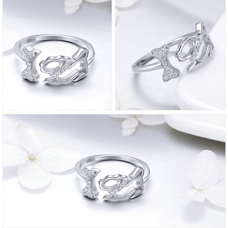 Bague Chien en argent 925 plaqué or blanc ajustable avec zircons blancs - Photo 5