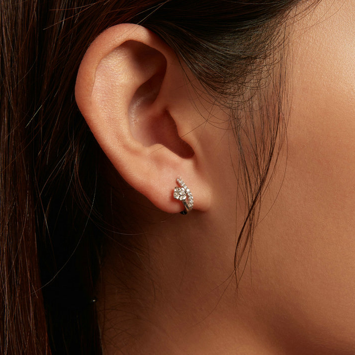 Boucles d’Oreilles Créoles Roses en argent 925 plaqué or blanc avec zircons blancs - Photo 2