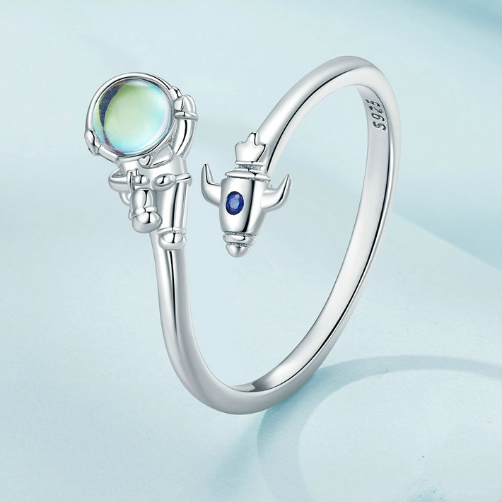 Bague Astronaute en argent 925 plaqué or blanc ajustable avec pierre de lune - Photo 3