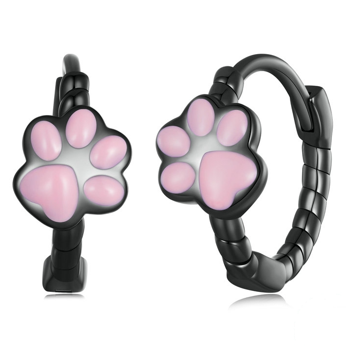 Boucles d’Oreilles Créoles Pattes de Chat en argent 925 plaqué noir émaillé rose