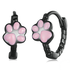 Boucles d’Oreilles Créoles Pattes de Chat en argent 925 plaqué noir émaillé rose