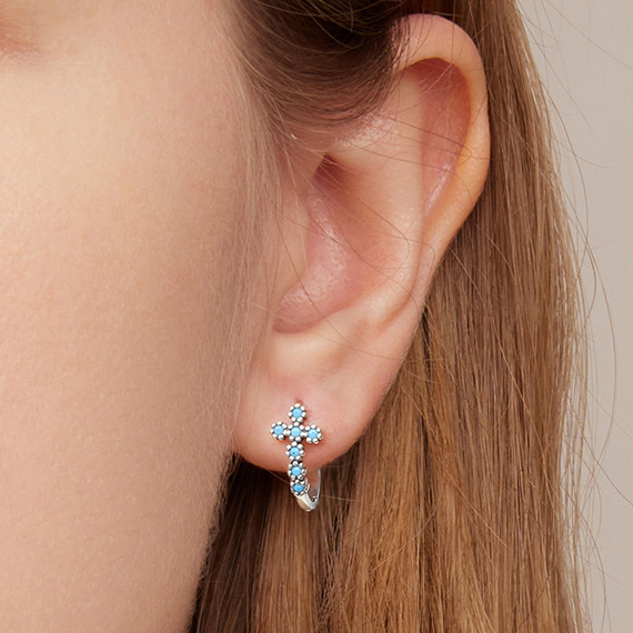 Boucles d’Oreilles Croix Turquoises Argent Sterling 925 plaqué or blanc avec turquoises - Photo 2