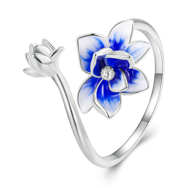 Bague Fleur de Lotus en argent 925 plaqué or blanc ajustable émaillé à la main