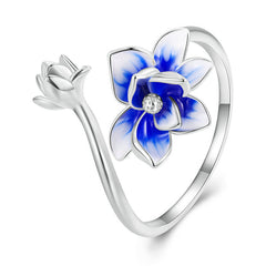 Bague Fleur de Lotus en argent 925 plaqué or blanc ajustable émaillé à la main
