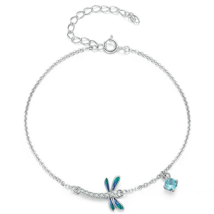 Bracelet Libellule Argent Sterling 925 plaqué or blanc avec zircons blancs et bleus et fermoir ajustable