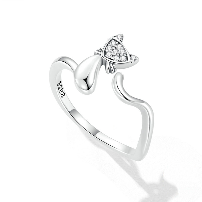 Bague Chat en argent 925 plaqué or blanc ajustable émaillé rose - Photo 3