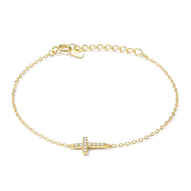 Bracelet avec Croix en argent 925 plaqué or jaune ajustable avec zircons blanc - Photo 4