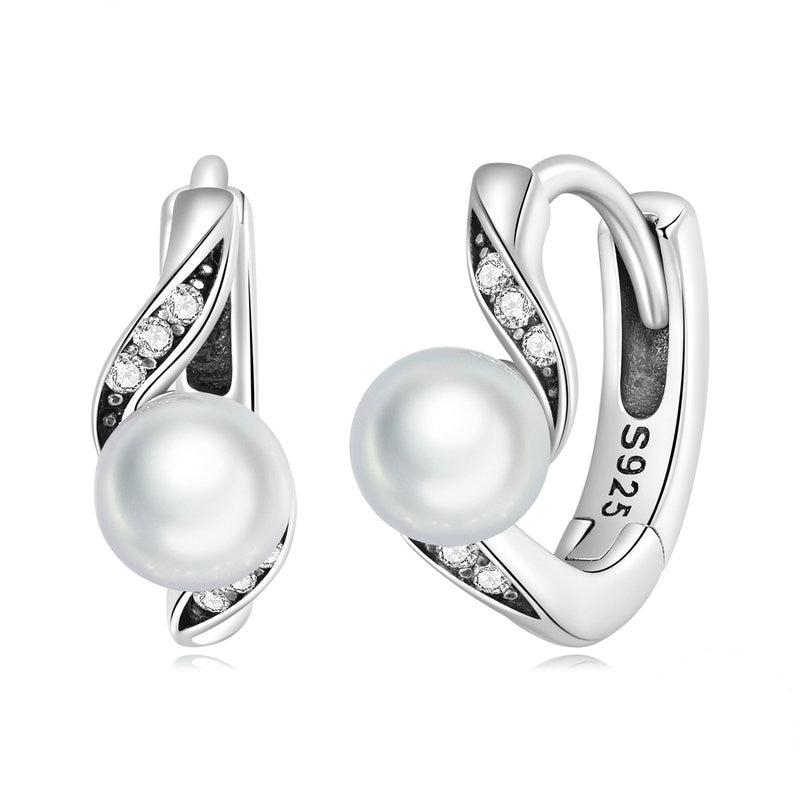 Boucles d’Oreilles Créoles Perles en argent 925 plaqué or blanc avec zircons blancs