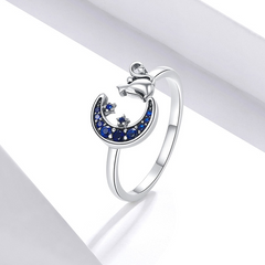 Bague Chat avec Lune en argent 925 plaqué or blanc ajustable avec zircons bleus - Photo 3