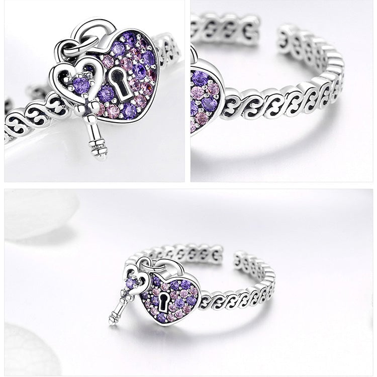 Bague Cadenas Coeur en argent 925 plaqué or blanc ajustable avec zircons violets - Photo 5