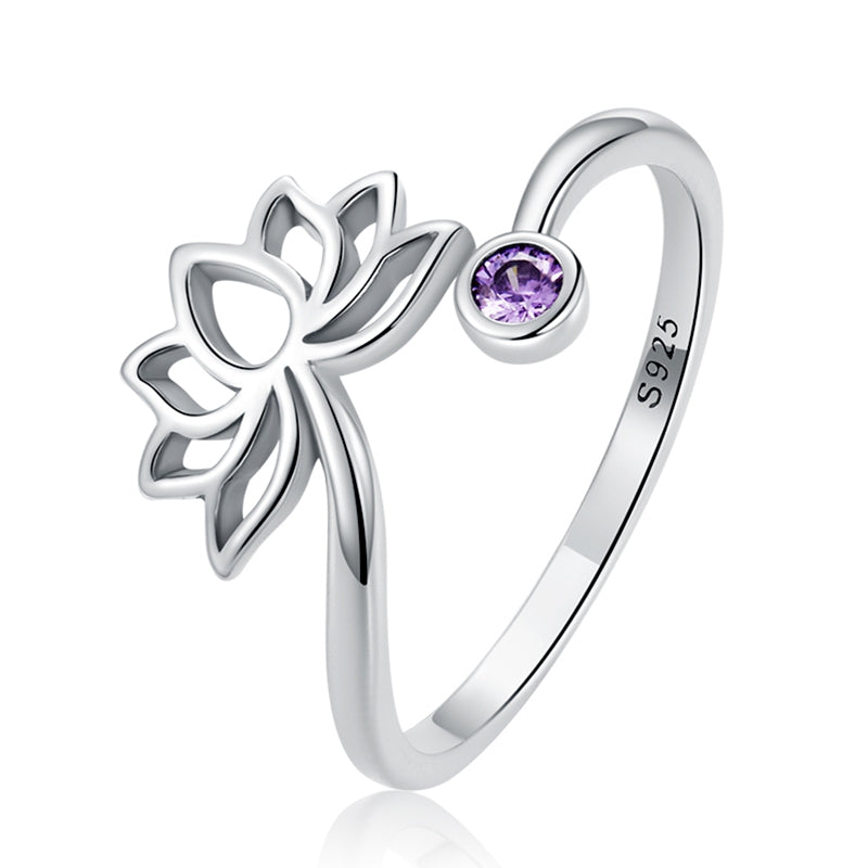 Bague Fleur de Lotus en argent 925 plaqué or blanc ajustable avec zircon violet