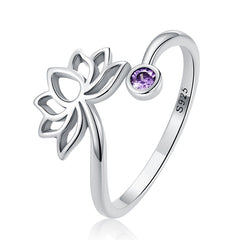 Bague Fleur de Lotus en argent 925 plaqué or blanc ajustable avec zircon violet