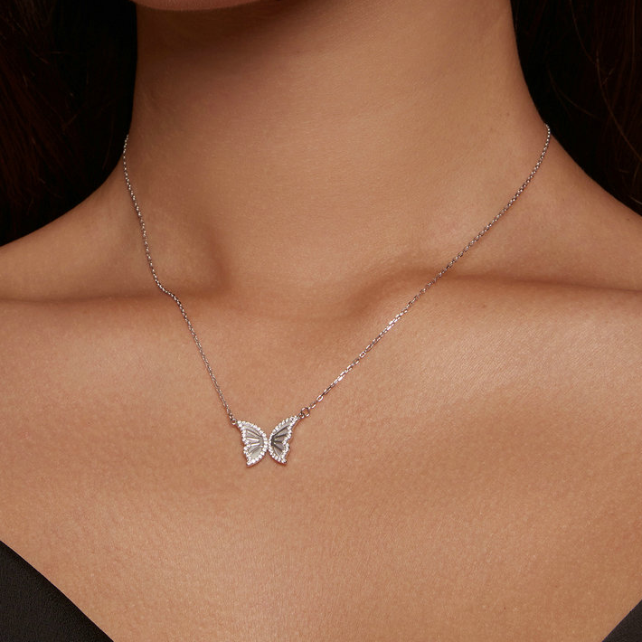 Collier Papillon en argent 925 plaqué or blanc ajustable avec zircons blancs - Photo 2