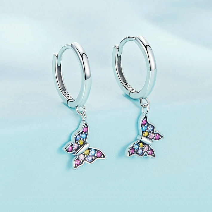 Boucles d’Oreilles Créoles Papillons Pendants Argent sterling 925 plaqué or blanc avec pavé de zircons colorés - Photo 3