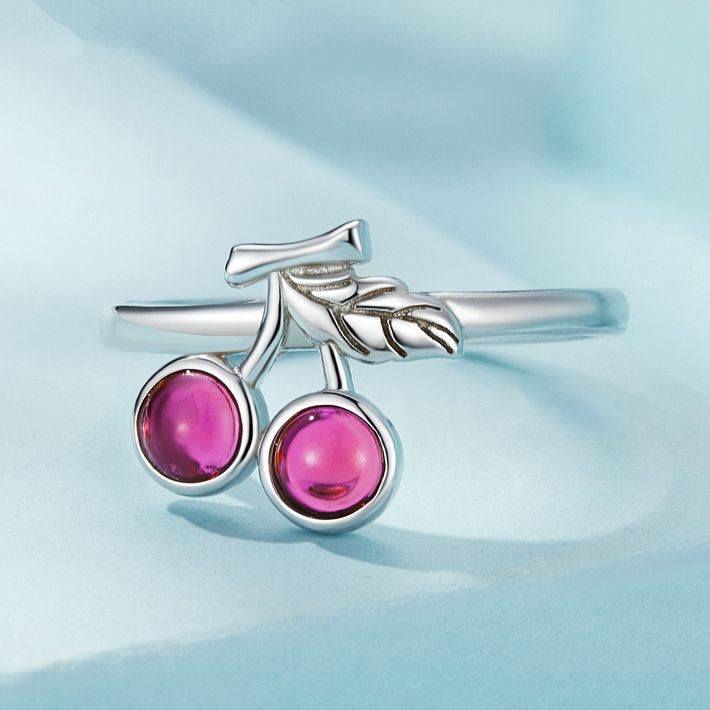 Bague Cerises Argent Sterling 925 plaqué or blanc avec rubis – ajustable - Photo 3