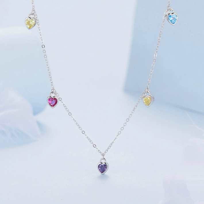 Collier Coeurs Colorés en argent 925 plaqué or blanc ajustable avec zircons colorés - Photo 3