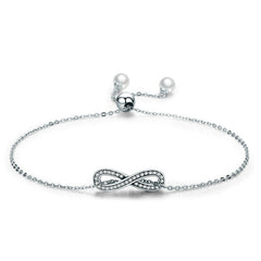 Bracelet Infini en argent 925 plaqué or blanc ajustable avec zircons blancs et perles