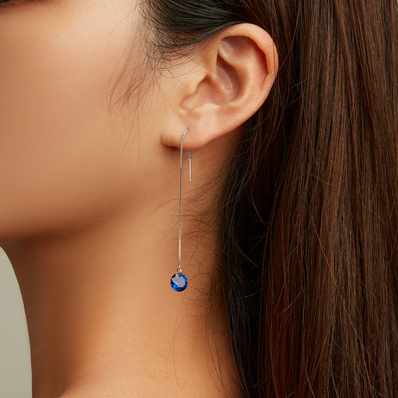 Chaînes d’Oreilles Bleues Pendantes en Argent Sterling 925 plaqué or blanc avec zircons bleus - Photo 2