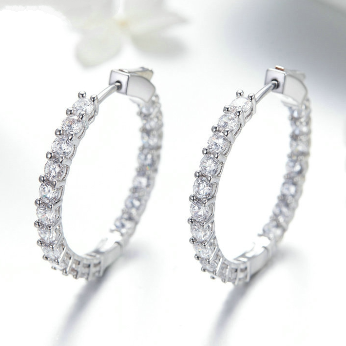 Boucles d’Oreilles Créoles Brillants en argent 925 plaqué or blanc avec zircons blancs - Photo 3