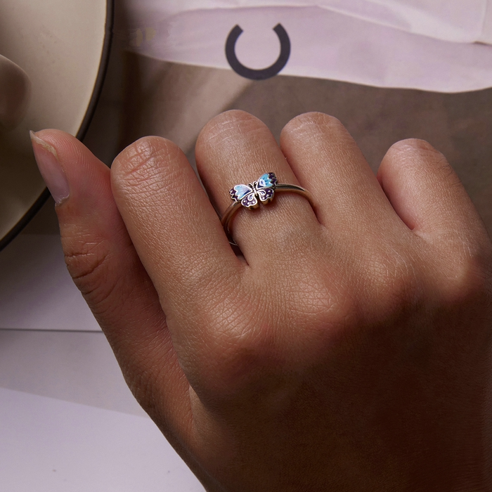Bague Papillon en argent 925 plaqué or blanc ajustable émaillé à la main - Photo 2