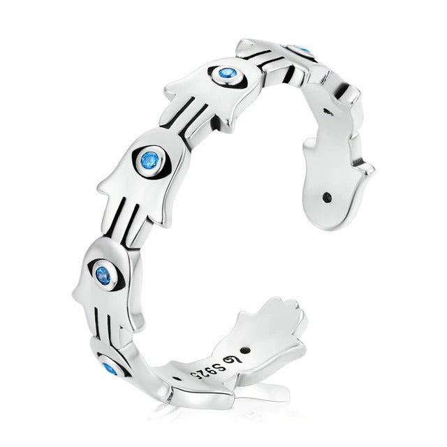 Bague Hamsa en argent 925 plaqué or blanc ajustable avec zircons bleus