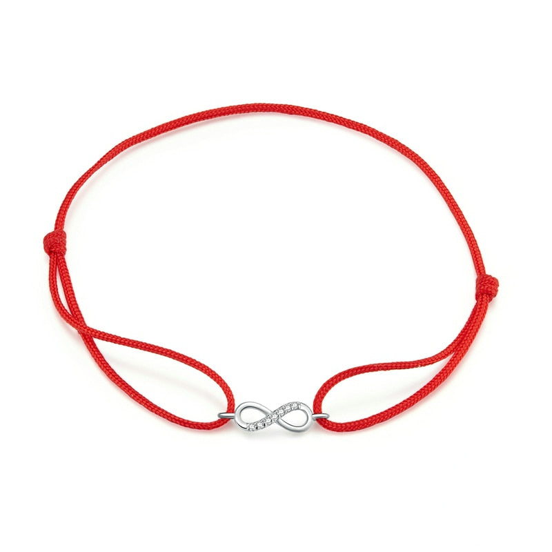 Bracelet Infini style marin en corde rouge ajustable avec infini en argent 925 plaqué or blanc