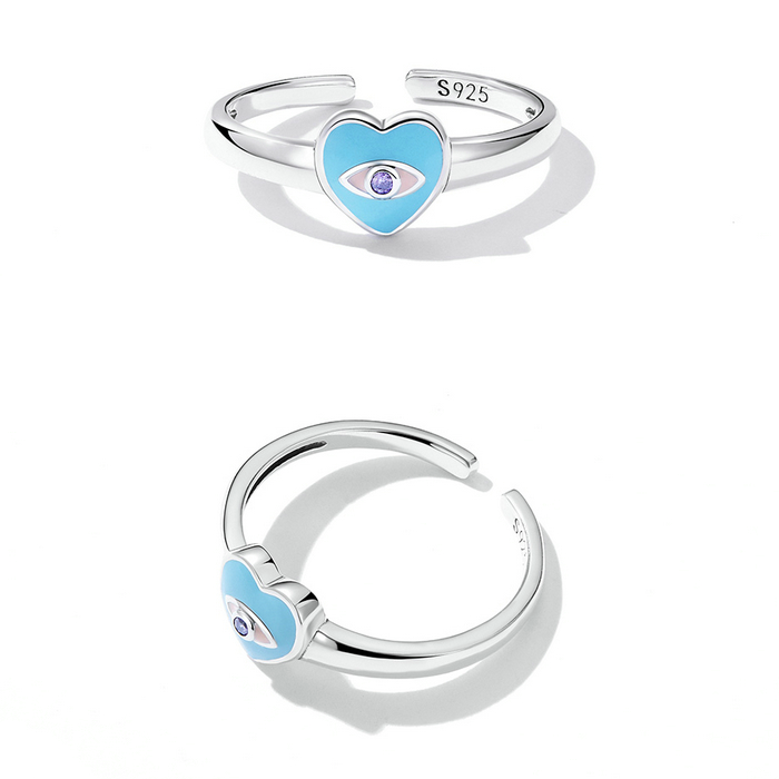 Bague Coeur Bleu en argent 925 plaqué or blanc ajustable émaillé bleu avec zircon violet - Photo 4