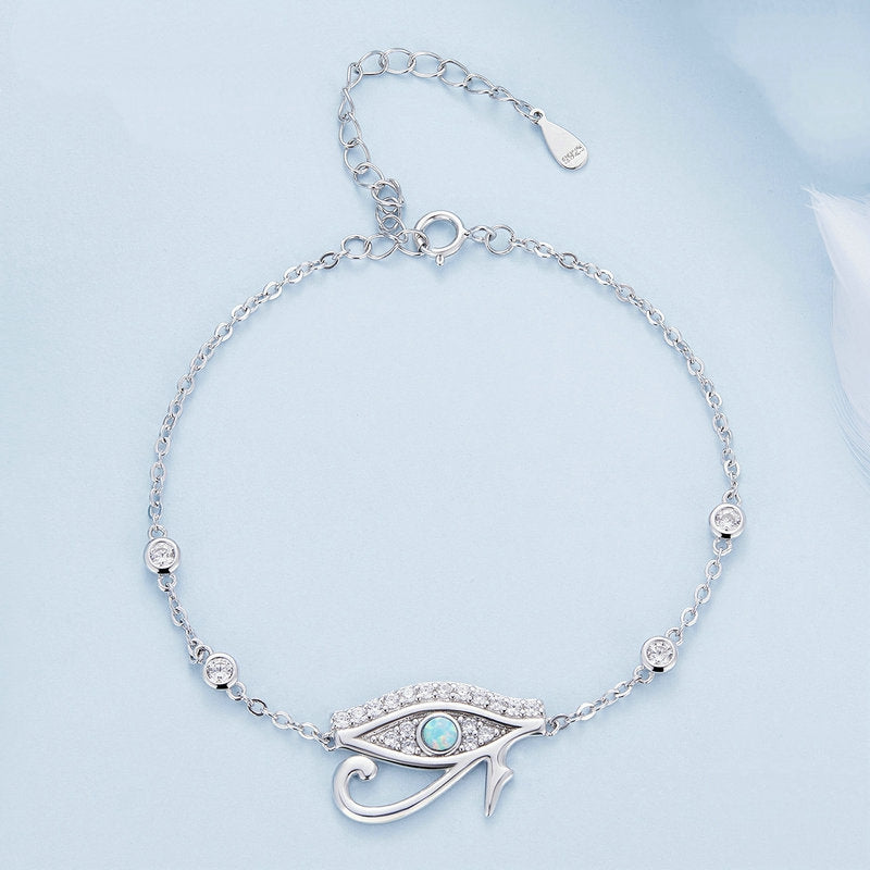 Bracelet Oeil d’Horus Argent Sterling 925 plaqué or blanc avec zircons et opale avec fermoir ajustable - Photo 3