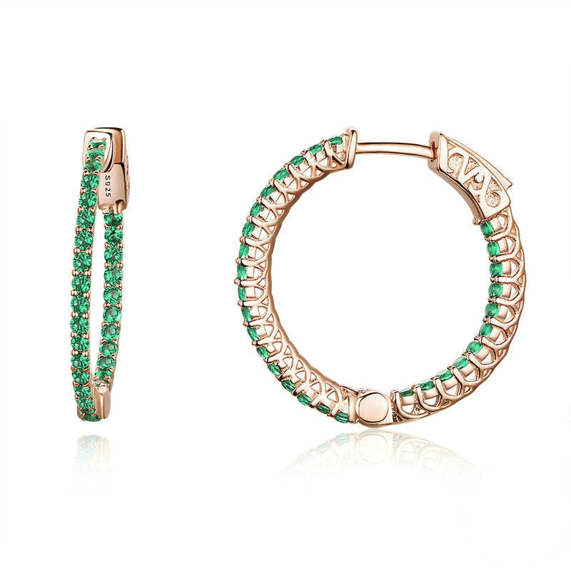 Boucles d’Oreilles Créoles Brillants en argent 925 plaqué or rose avec zircons verts