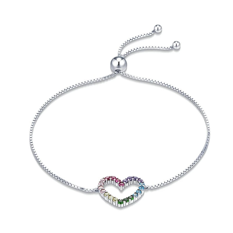 Bracelet Coeur Arc-en-Ciel en argent 925 plaqué or blanc ajustable avec zircons colorés