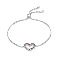 Bracelet Coeur Arc-en-Ciel en argent 925 plaqué or blanc ajustable avec zircons colorés