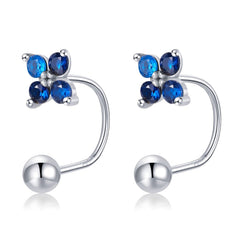 Boucles d’Oreilles Fleurs Bleues Argent sterling 925 plaqué or blanc avec zircons bleus