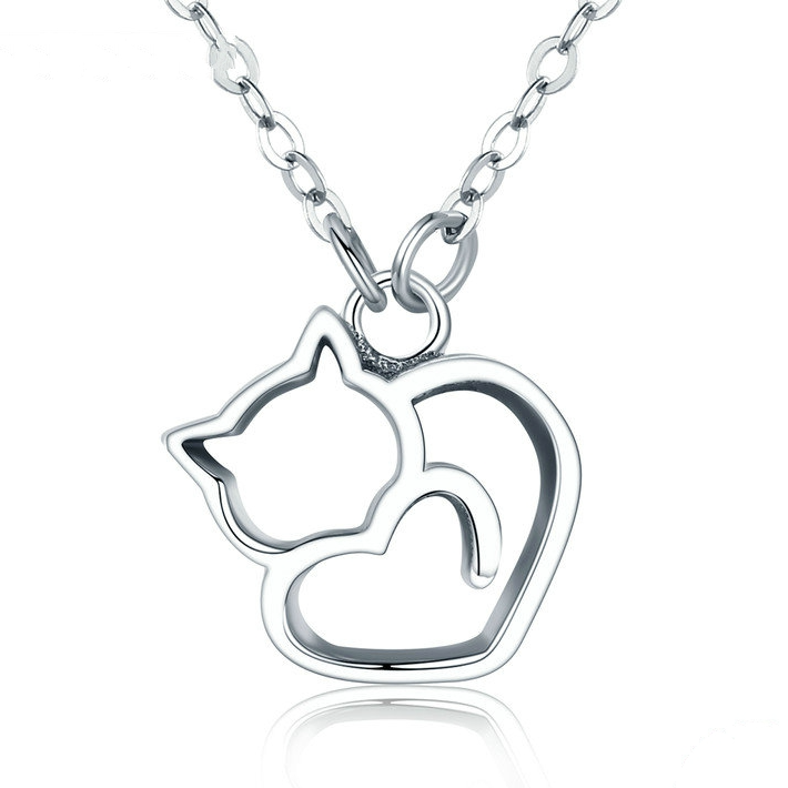Collier Chat avec Coeur en argent 925 plaqué or blanc