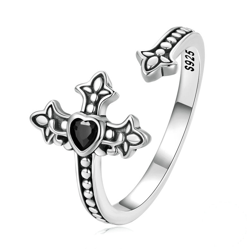 Bague Croix avec Coeur en argent 925 plaqué or blanc ajustable avec zircon noir