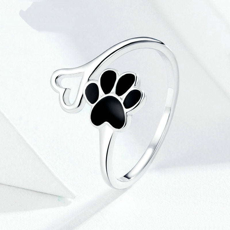 Bague Patte avec Coeur en argent 925 plaqué or blanc ajustable avec patte émaillée noire - Photo 3