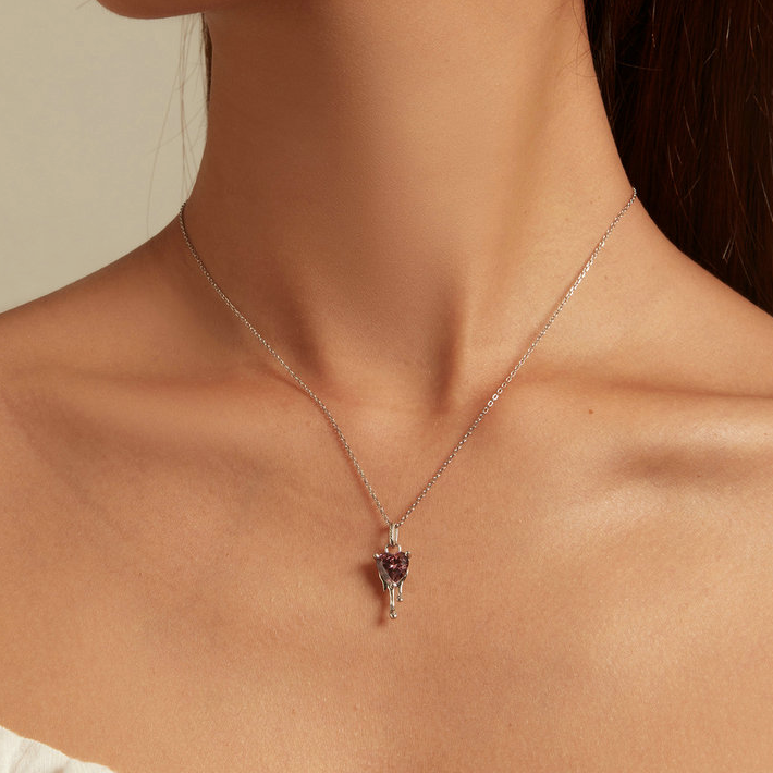 Collier Coeur Rose en argent 925 plaqué or blanc ajustable avec zircon rose - Photo 2