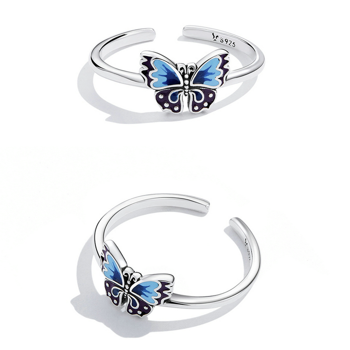 Bague Papillon en argent 925 plaqué or blanc ajustable émaillé à la main - Photo 4