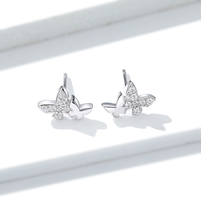 Boucles d’Oreilles Papillons Brillants Puces en Argent Sterling 925 plaqué or blanc avec des zircons blancs - Photo 4