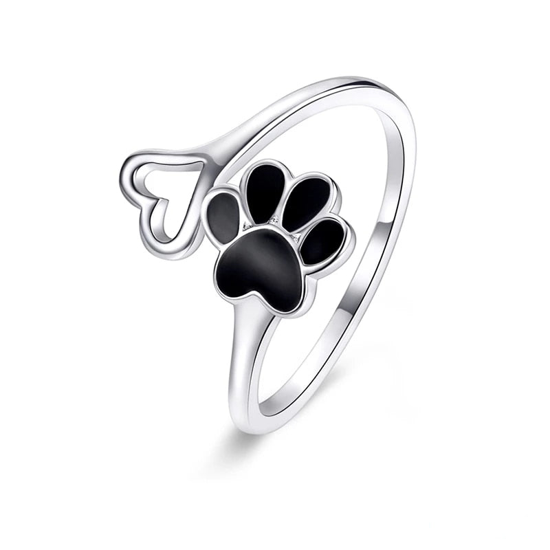 Bague Patte avec Coeur en argent 925 plaqué or blanc ajustable avec patte émaillée noire