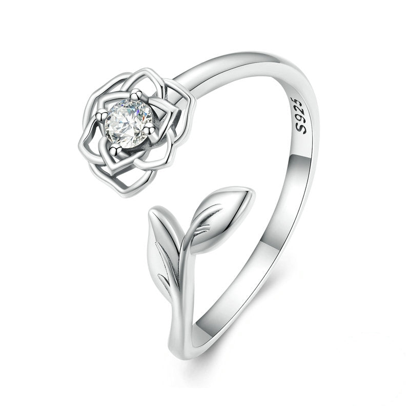 Bague Rose en argent 925 plaqué or blanc ajustable avec zircon blanc