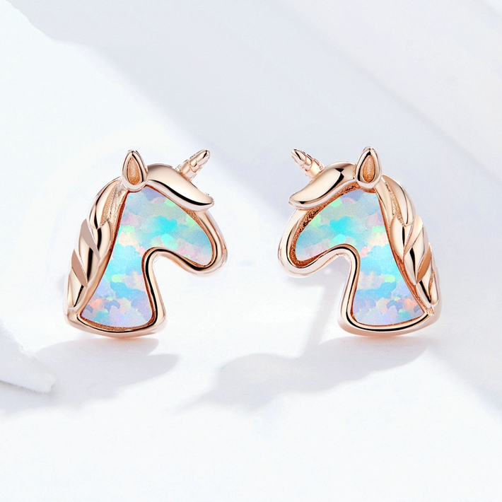 Boucles d’Oreilles Licorne avec Opales Puces en Argent Sterling 925 plaqué or rose avec opales - Photo 3