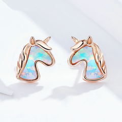Boucles d’Oreilles Licorne avec Opales Puces en Argent Sterling 925 plaqué or rose avec opales - Photo 3