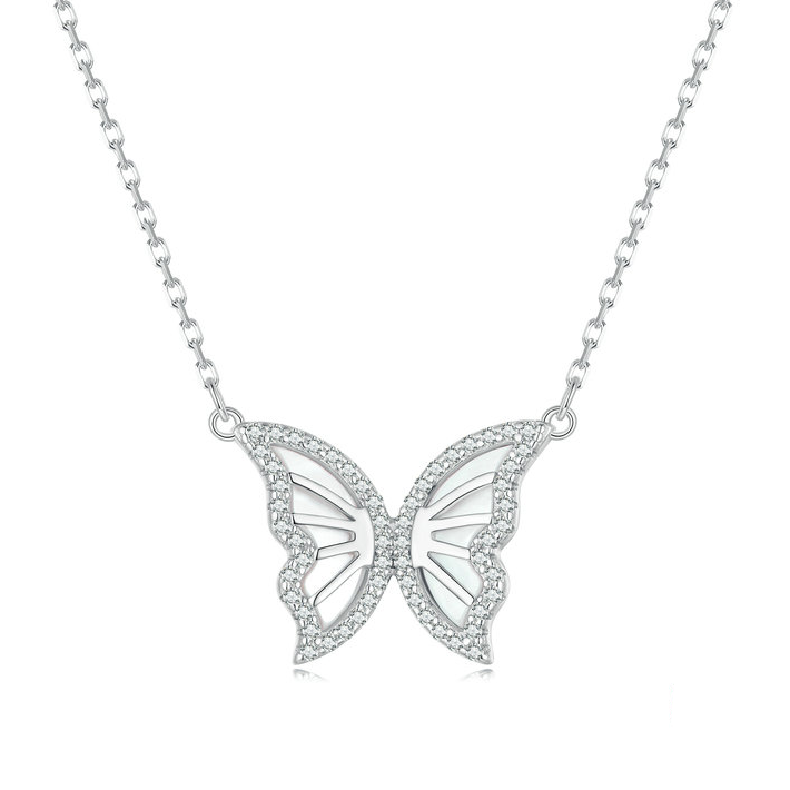 Collier Papillon en argent 925 plaqué or blanc ajustable avec zircons blancs