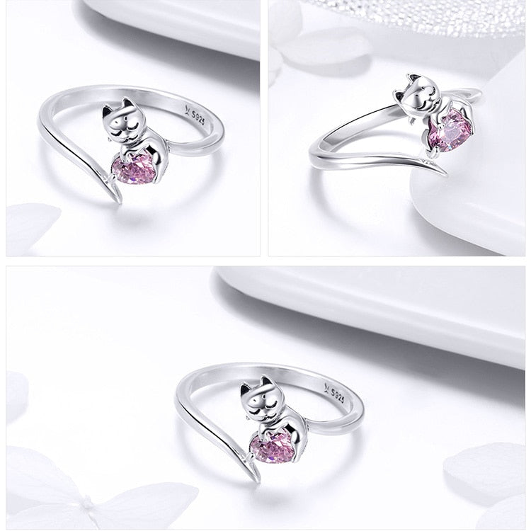 Bague Chat avec Coeur en argent 925 plaqué or blanc ajustable avec zircon rose - Photo 5