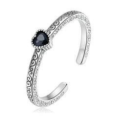 Bague Coeur Noir en argent 925 plaqué or blanc ajustable avec zircon noir et gravures faites à la main